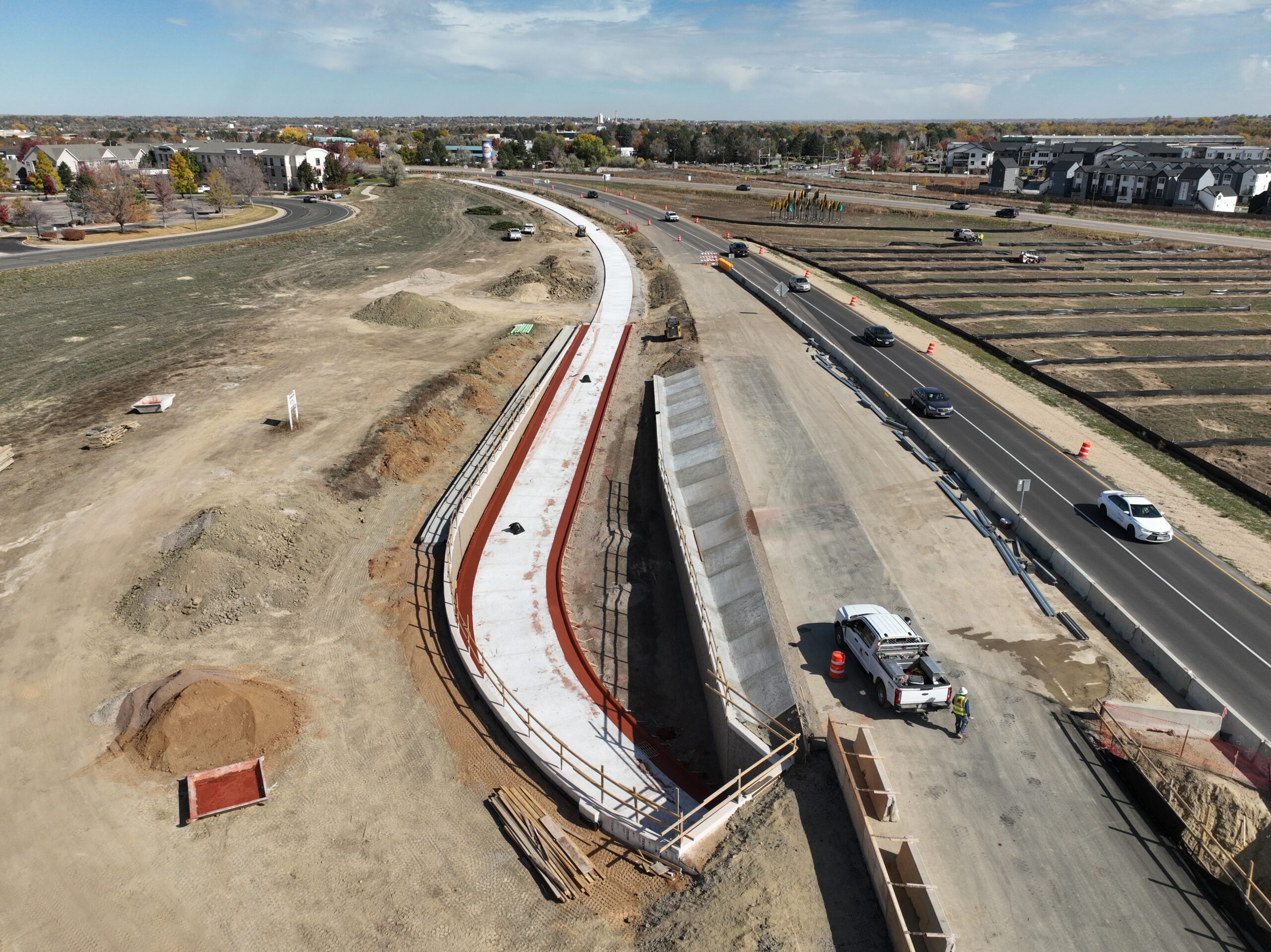 Diagonal 119 Bikeway Project Update Image - Longmont Aerial view showing bikeway underpass construction improvements near Longmont, CO.