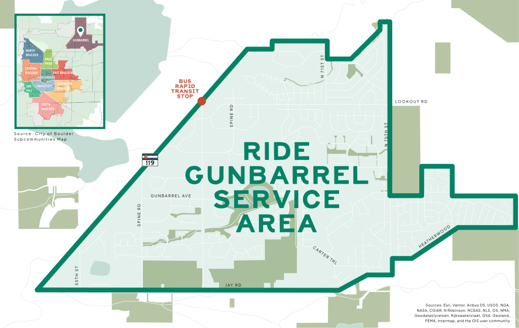 Service map for the Ride Gunbarrel local transportation service area. The service area is outlined by a thick green line along the roads N 75th St., Jay Road and Highway 119.