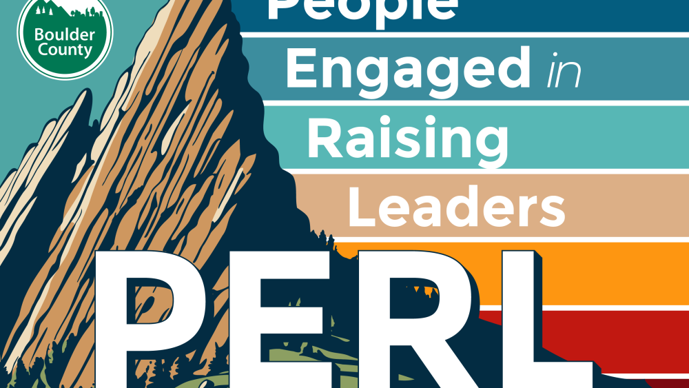 Multi colored lined background with artistic rendition of the Flat Irons on left. Boulder County logo in left hand upper corner. Text reads: People Engaged in Raising Leaders