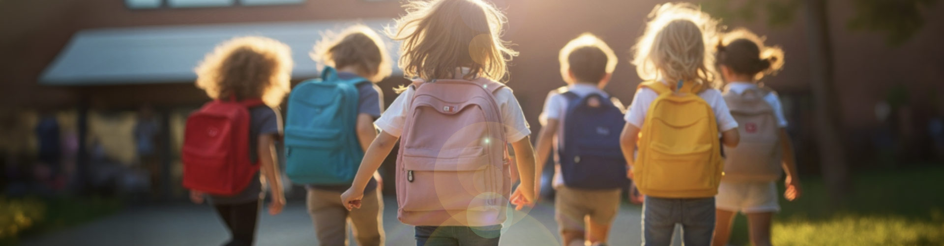 Students with colorful backpacks heading to school for the first day of classes
