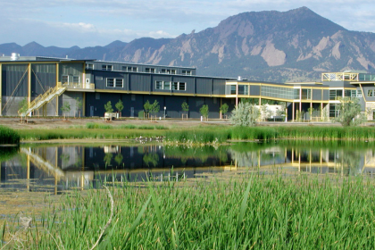 The Boulder County Recycling Center with the Flatirons in the background.