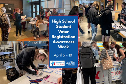 Collage of four photos showing high school students registering to vote with the words: High School Student Voter Registration Awareness Week April 6-10 and our logos