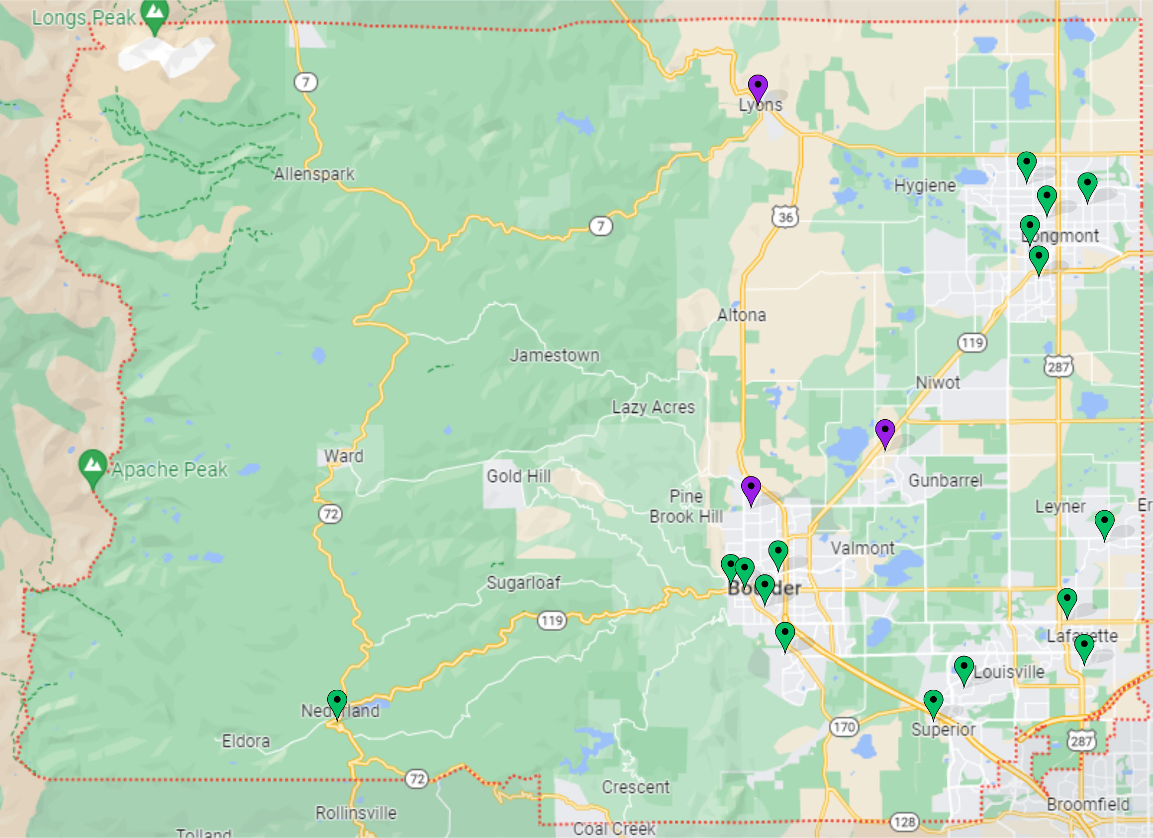 A map of Boulder County with pins denoting proposed drop box locations for the 2026 General Election.