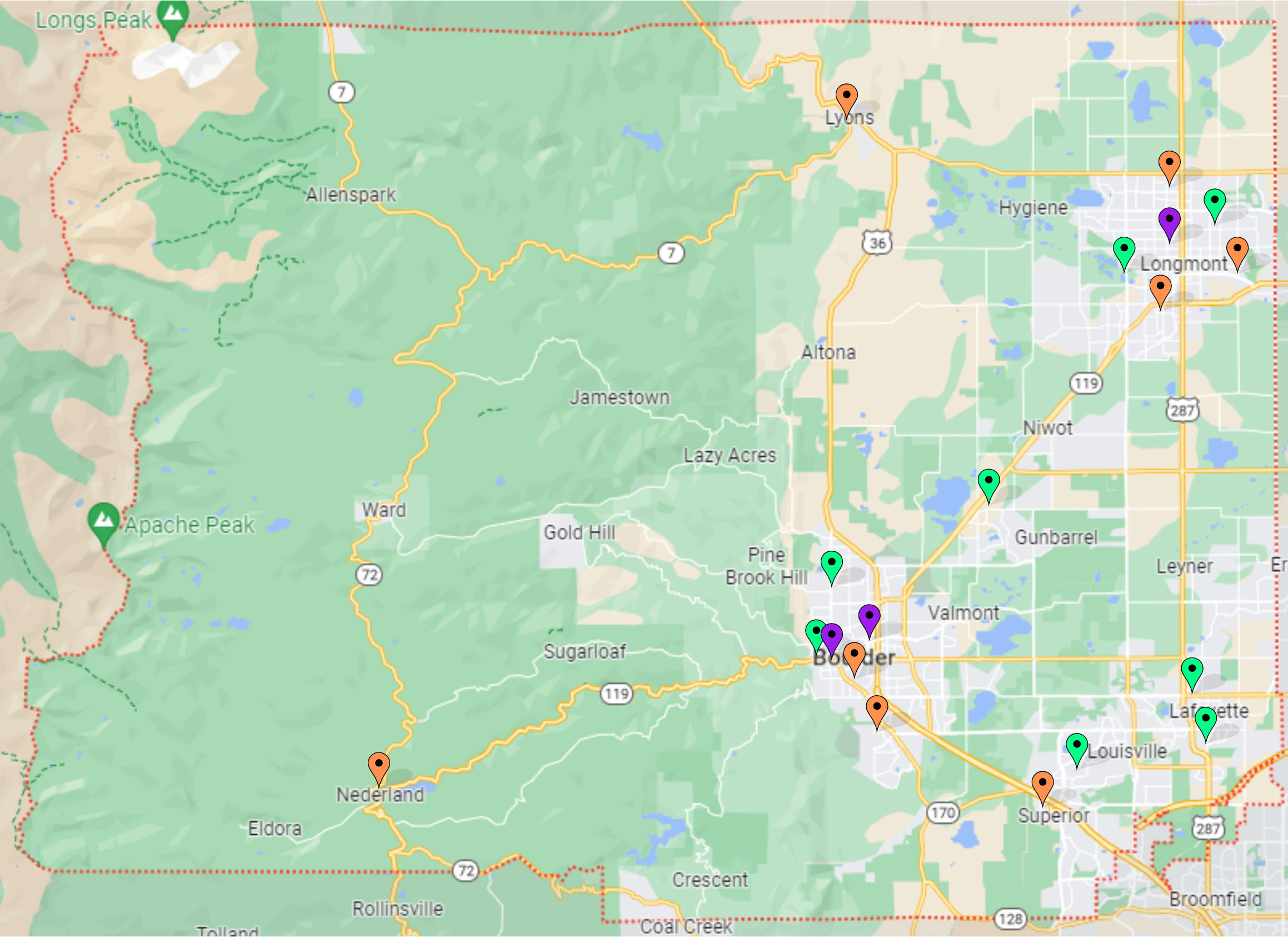 A map of Boulder County with pins denoting proposed vote center locations for the 2026 General Election.