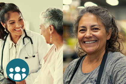 Female doctor smiling at an older female patient and a smiling woman who is volunteering at a food pantry, with a three-person icon representing community.