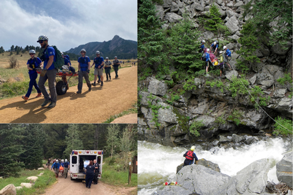 Search and rescue teams performing mountain trail and fast moving water rescues for lost or injured recreationalists