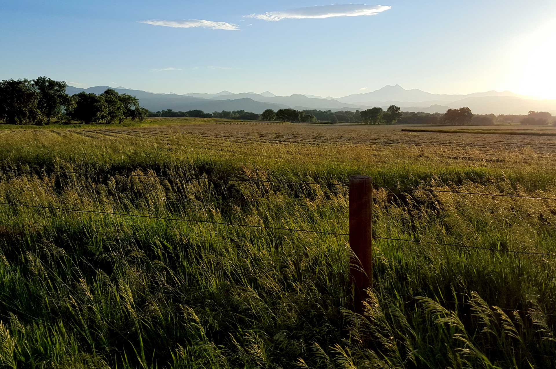 Farmland being used to grow hay, with the sun setting behind the mountains.