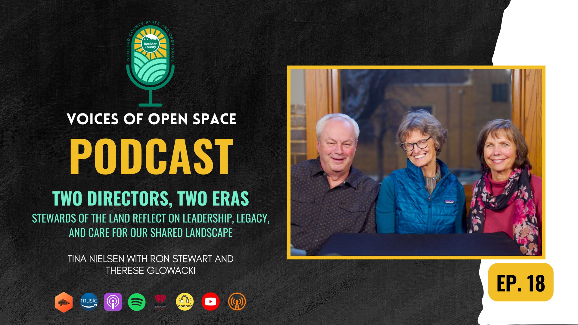 Cover image of episode 18 with a photo of Ron, Tina, and Therese.