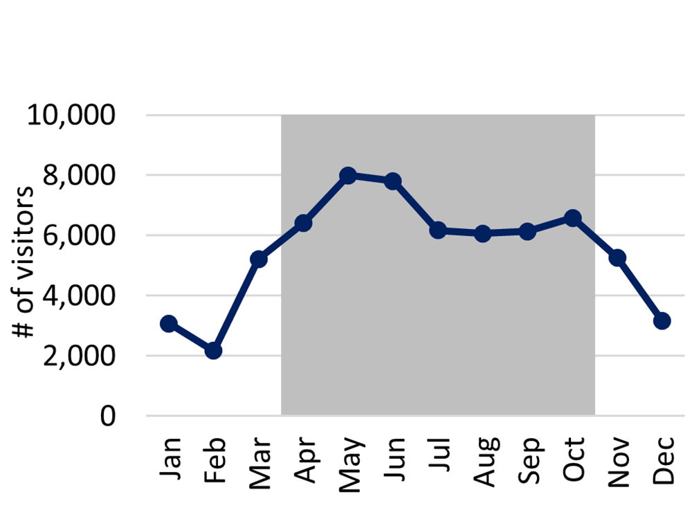 Line graph showing visitation by month. May and June were the busiest months.