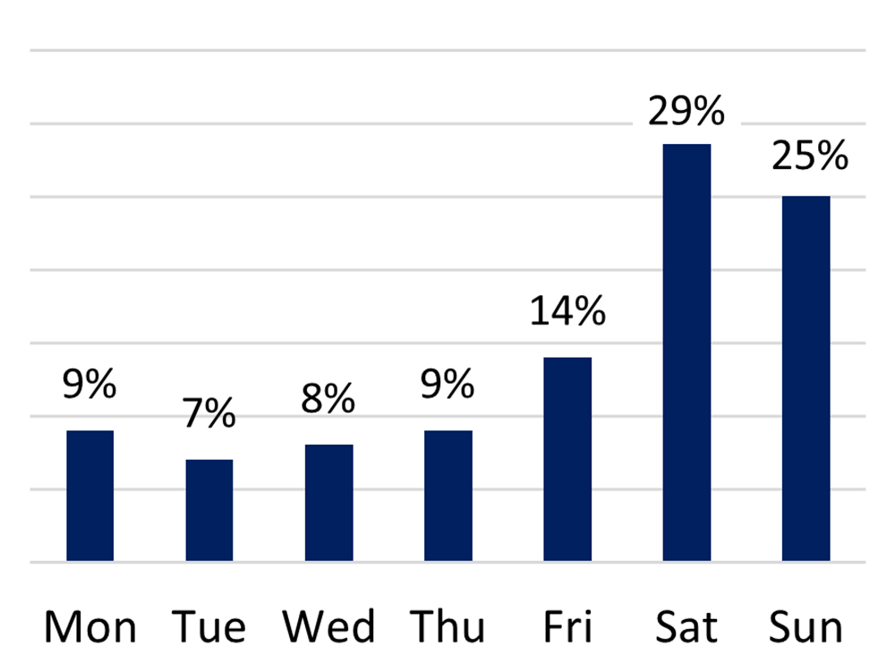Bar graph showing visitation by day of the week. The most visits were on Saturday (29%) and Sunday (25%).