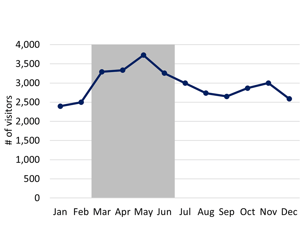 Line graph showing visitation by month. May was the busiest month.