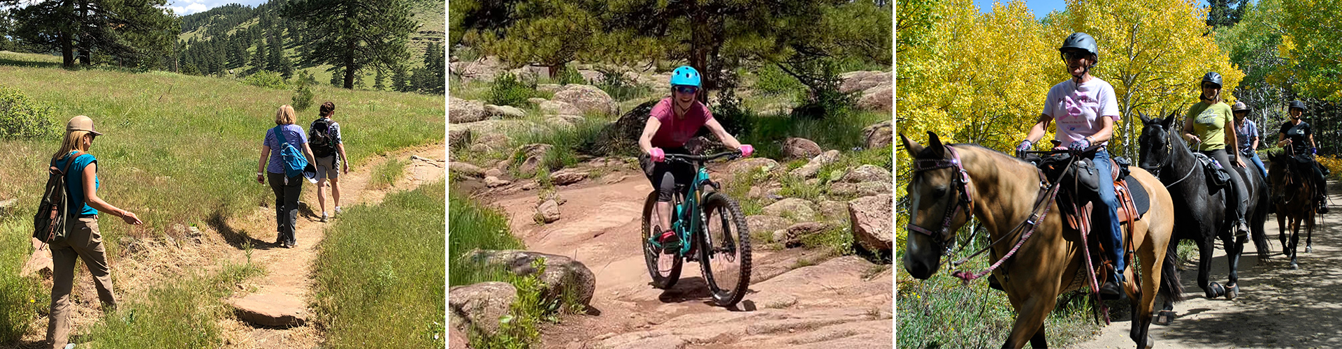 Photos showing hikers, a mountain biker, and equestrians