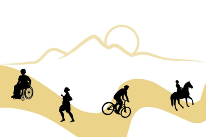 Graphic of wheelchair user, runner, cyclist, and someone on horseback.
