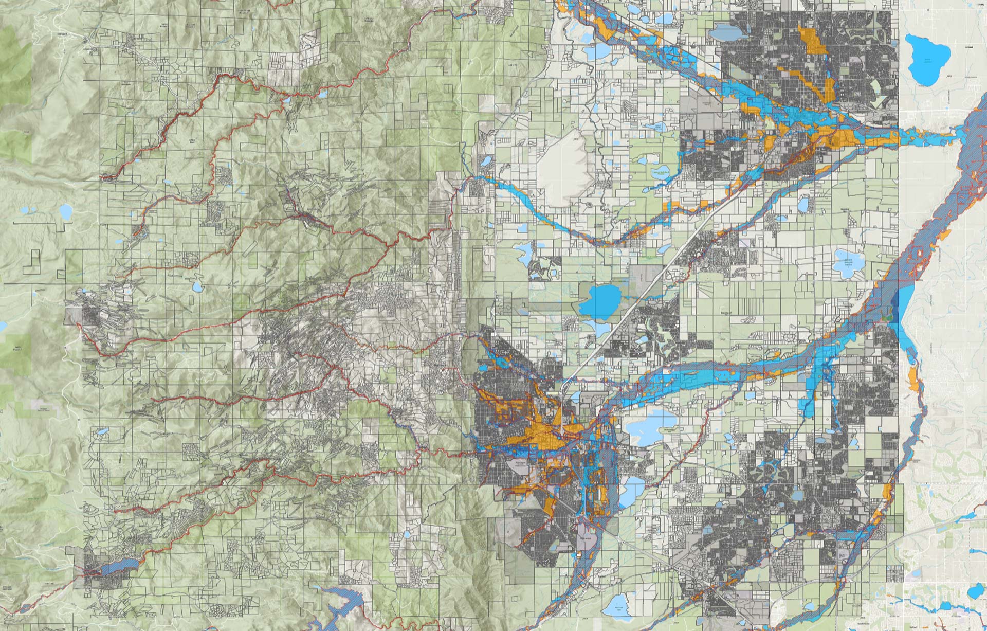 Partial view of the official Boulder County Floodplain Map showing Boulder County and FEMA floodways, 100-year and 500-year floodplain.