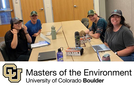 Four CU students site around a table with the CU Masters of the Environment logo below.