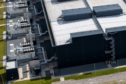 Data center from an aerial view. Industrial building.