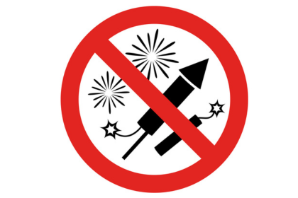Illustration of fireworks with a red line through them.