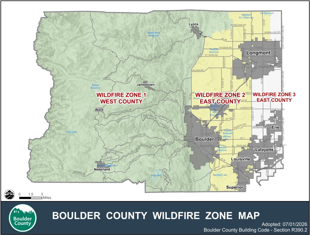 Map of three wildfire zones. Wildfire Zone 1 is from western county line boundary at the continental divide to the east boundary generally along the west side of Foothills Highway. Wildfire Zone 2 is from east of Foothills Highway toward a north-south boundary of 115th Street from the north county line to the north side of Longmont then proceeding south from 95th street to the south county line boundary. Wildfire Zone 3 is from It is east of north-south boundary of 115th Street from the north county line to the north side of Longmont then proceeding south from 95th street to the south county line boundary and toward the east county line.