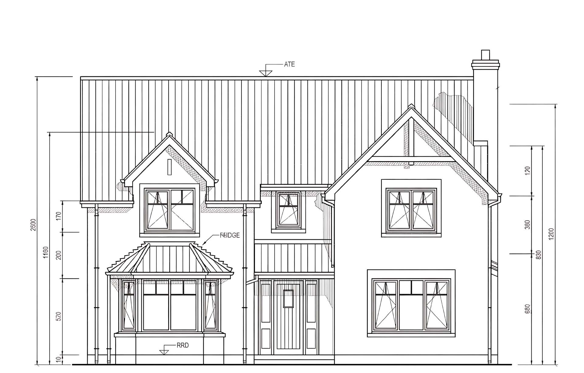 Architectural drawing of the front elevation of a two story house.