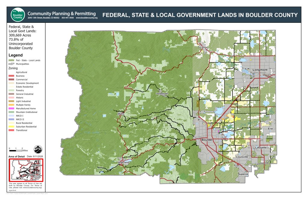 Map showing locations of federal, state and local government lands in Boulder County.