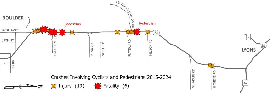 Crashes involving Cyclists and Pedestrians on US Highway 36 from 2015-2024