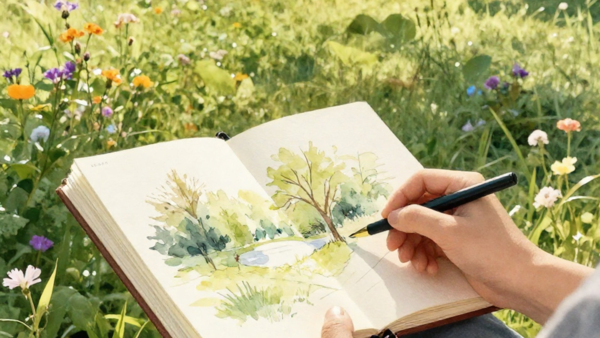 A hand holds a pen to a watercolor painting in a sketch book with flowers in the background.