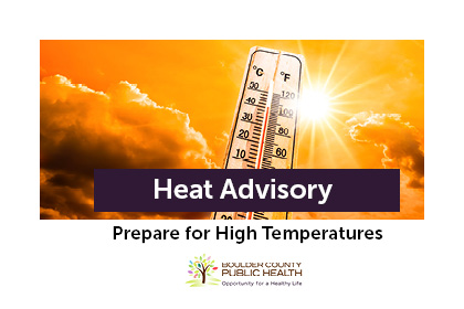 Graphic with the headline “Heat Advisory” and the text “Prepare for high temperatures.” The background shows a bright, sunny sky with a thermometer indicating hot weather. The graphic reminds people to prepare for extreme heat conditions.