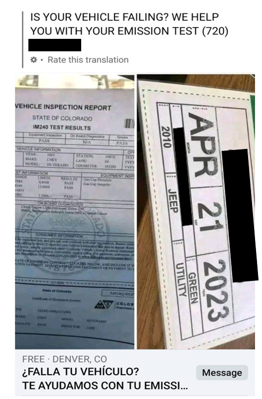 Example of a Facebook Marketplace scam. The post offers to sell someone a fake emissions test and temporary vehicle permit.