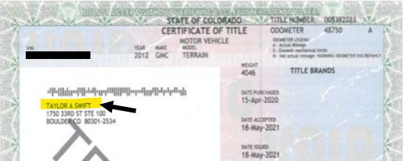 Sample motor vehicle title to show that only the person listed on the title can sell a vehicle.
