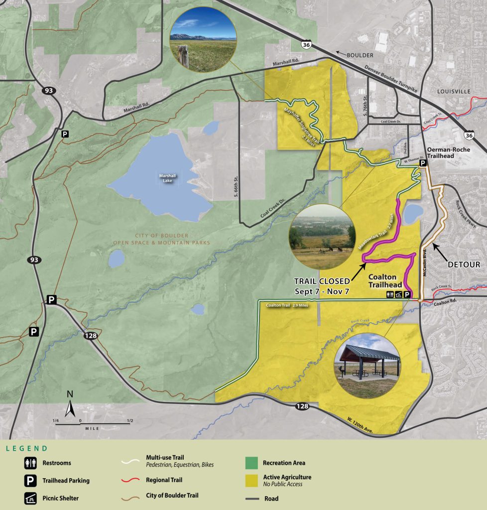 Coalton Trailhead map and closure of Meadowlark Trail and detour
