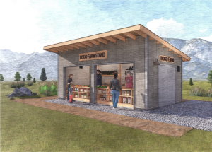 Render of a farm stand with mountains in the background