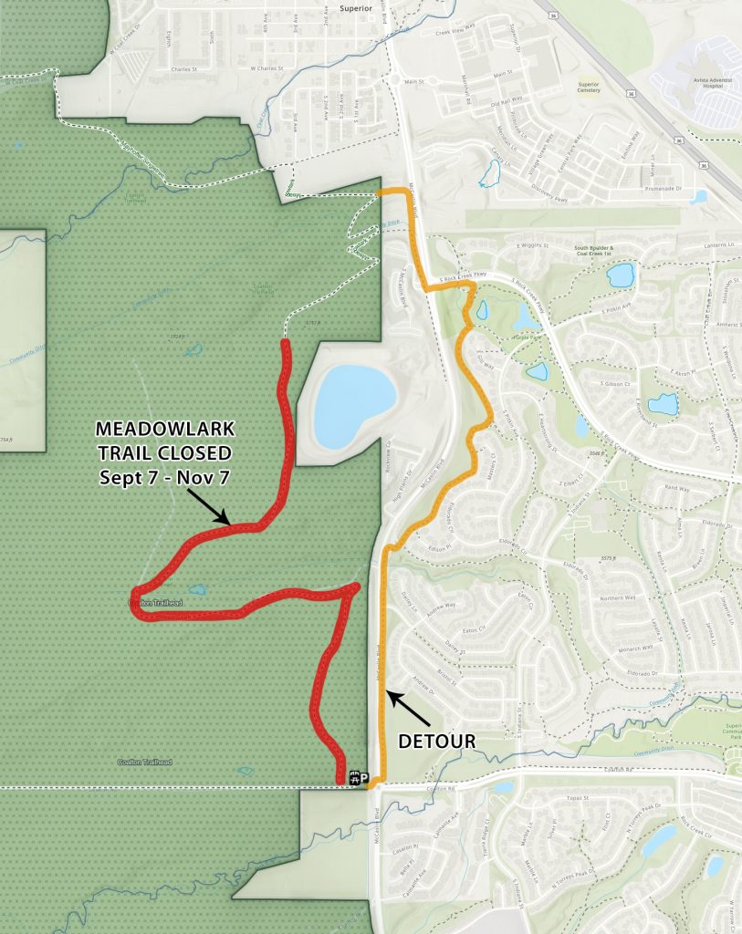 Map showing the closed Meadowlark Trail and detour