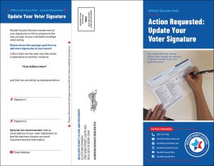 Screenshot of a mailer sent to voters with one or no signatures on file. The mailer asks voters to provide two signatures and return it to us by mail.
