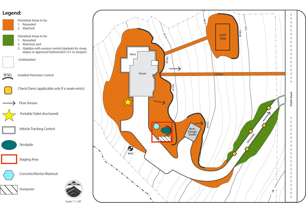Graphic with a map and legend that illustrates direction for the revegetation of the land around a house and deck