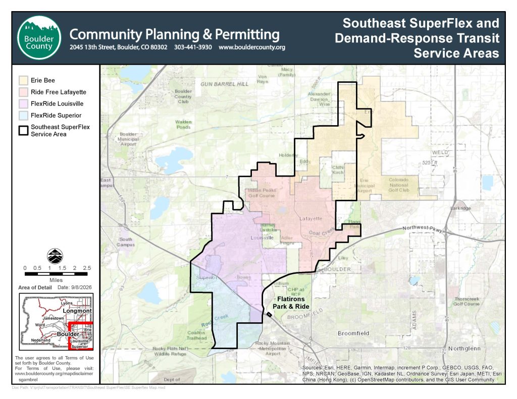 Map of Southeast Superflex Service Area around Lafayette. Also includes Erie Bee, Ride Free Lafayette, FlexRide Louisville, and FlexRide Superior for reference