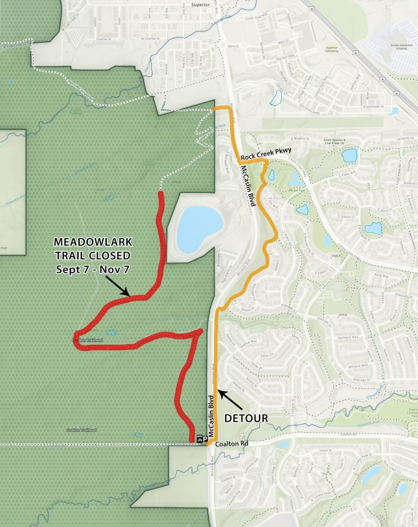 Map showing the closed Meadowlark Trail and detour