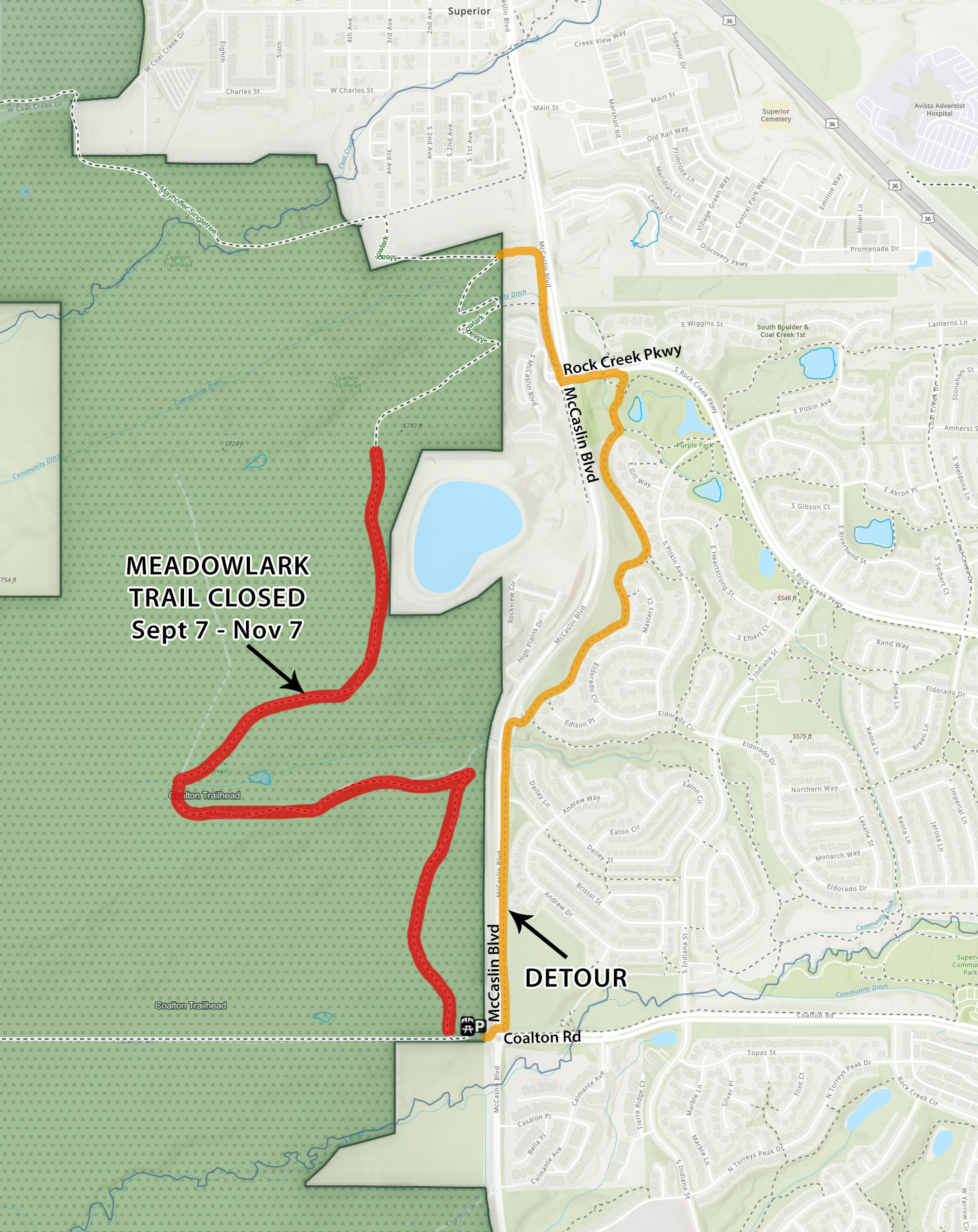 Map showing the closed Meadowlark Trail and detour