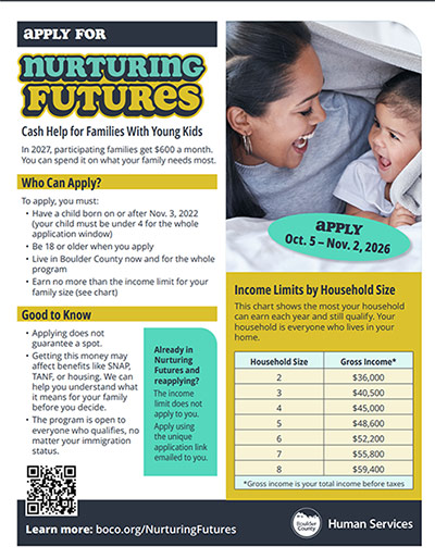 Nurturing Futures flyer: cash assistance for Boulder County families with young children.