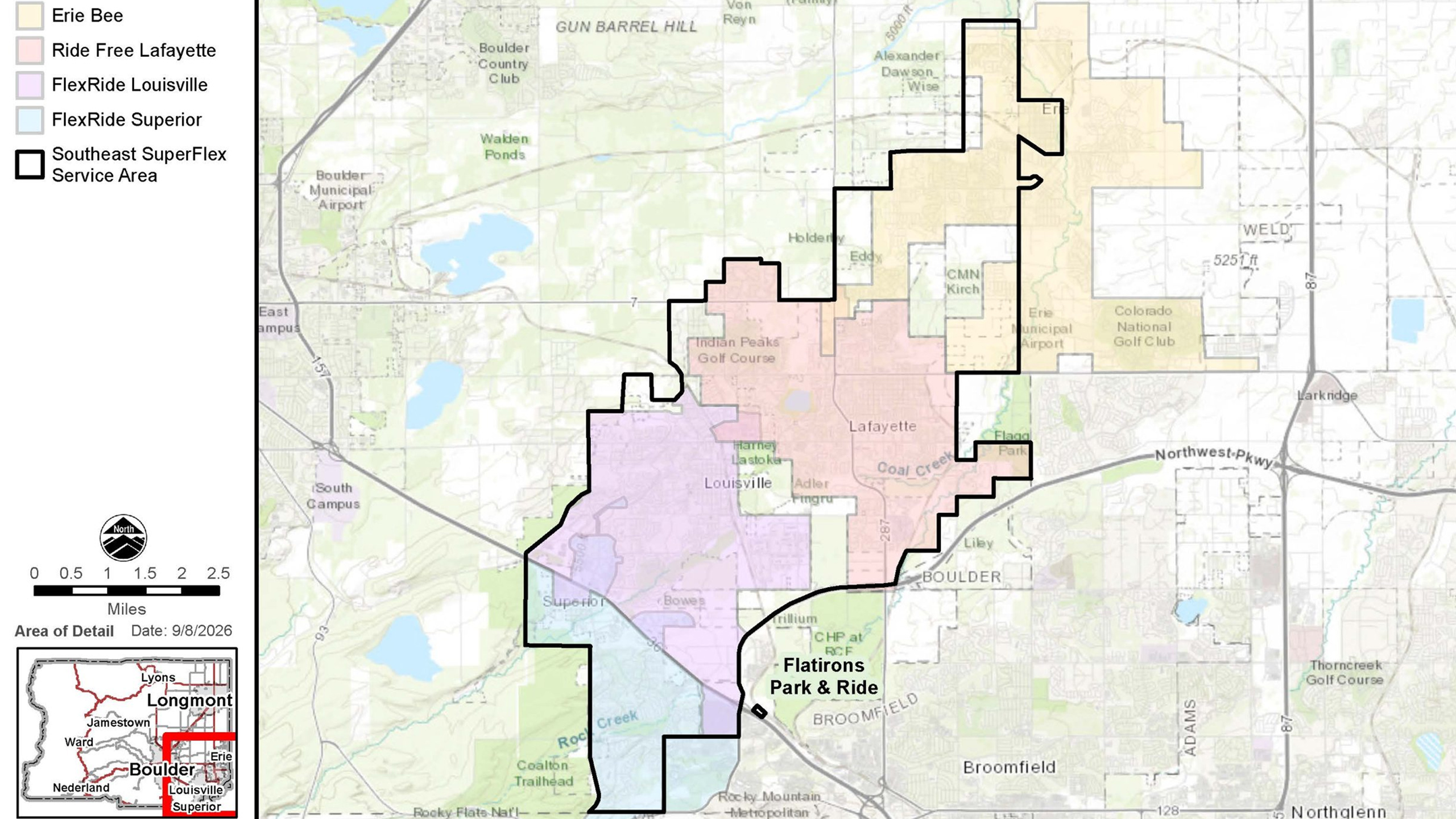 Map of Southeast Superflex Service Area around Lafayette. Also includes Erie Bee, Ride Free Lafayette, FlexRide Louisville, and FlexRide Superior for reference